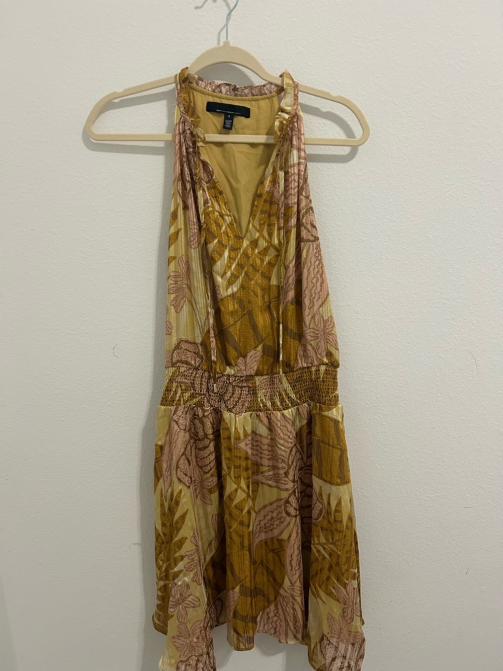 White House Black Market Mustard and Blush Floral Halter Dress